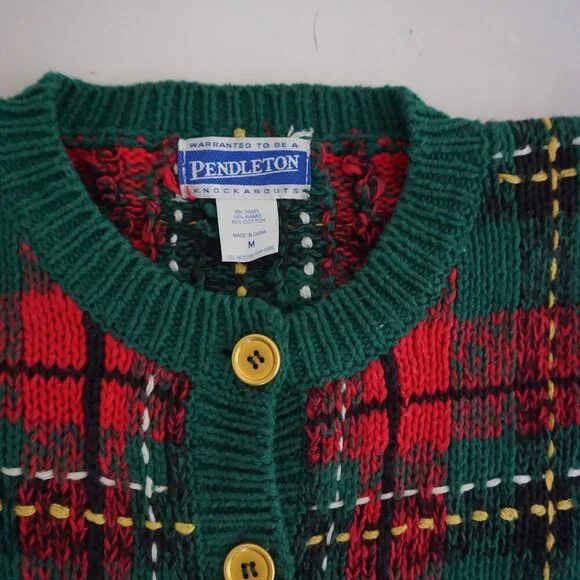 Vintage Pendleton Green Plaid Floral Knit Cotton Preppy Cardigan Grandmacore M - Picture 9 of 10